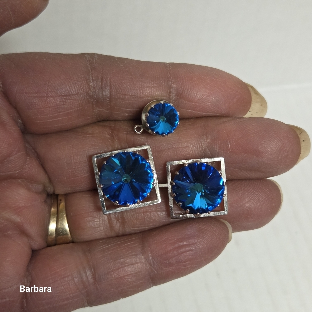 Vintage Danté Men's Electric Blue Rivoli Crystal Cufflinks and Stick Pin Set
